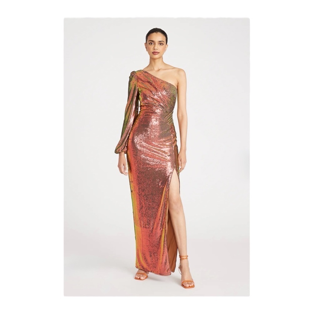 Theia Myra One Shoulder Sequin Gown in Iridescent Persimmon NWT